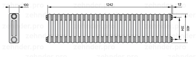 Схема (чертеж) Радиатор Zehnder Charleston 3040/27 №7610 Белый глянцевый RAL 9016